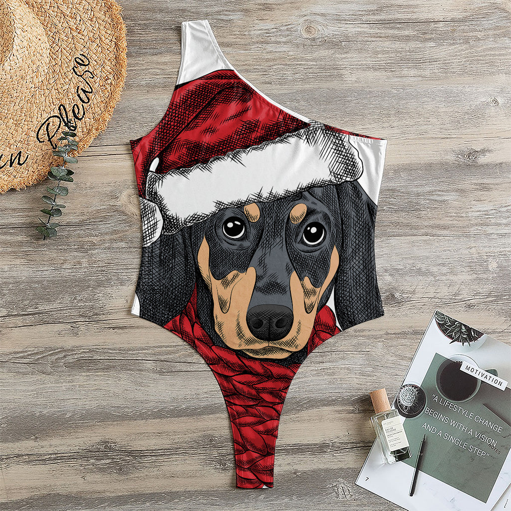 Christmas Santa Dachshund Print One Shoulder Bodysuit