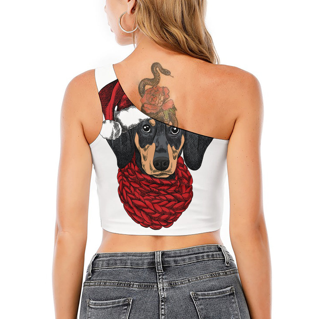 Christmas Santa Dachshund Print One Shoulder Crop Top