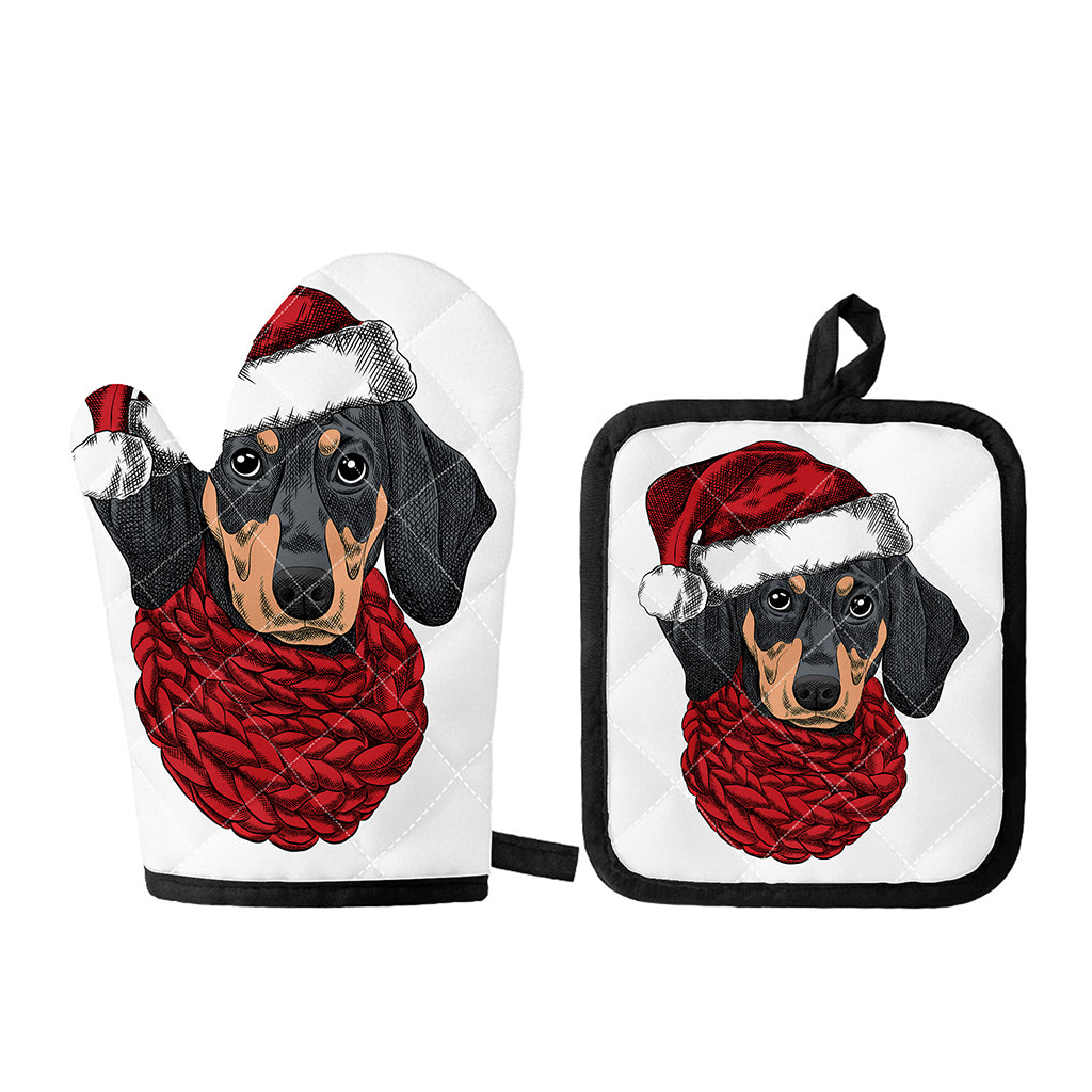 Christmas Santa Dachshund Print Oven Mitt And Pot Holder Set