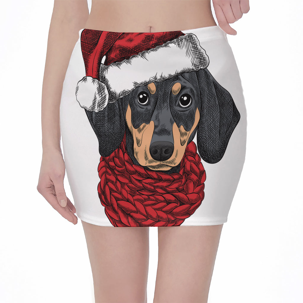 Christmas Santa Dachshund Print Pencil Mini Skirt