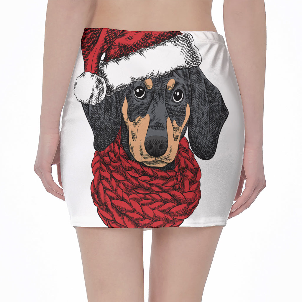 Christmas Santa Dachshund Print Pencil Mini Skirt