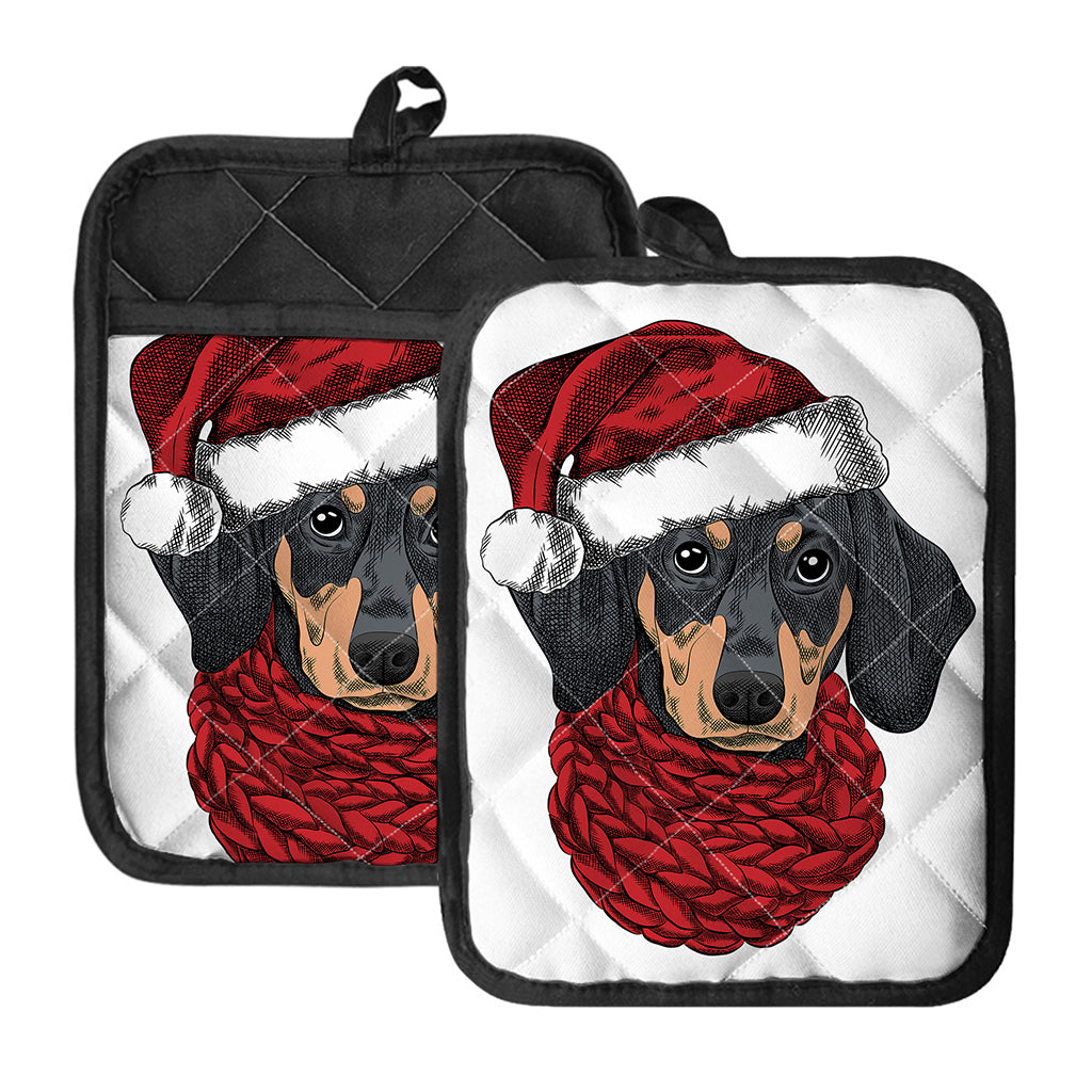 Christmas Santa Dachshund Print Pot Holders With Pocket