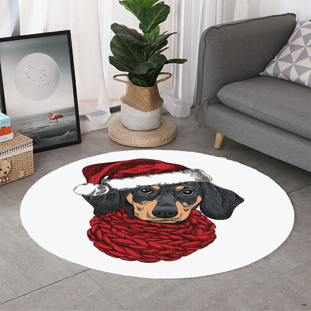 Christmas Santa Dachshund Print Round Rug