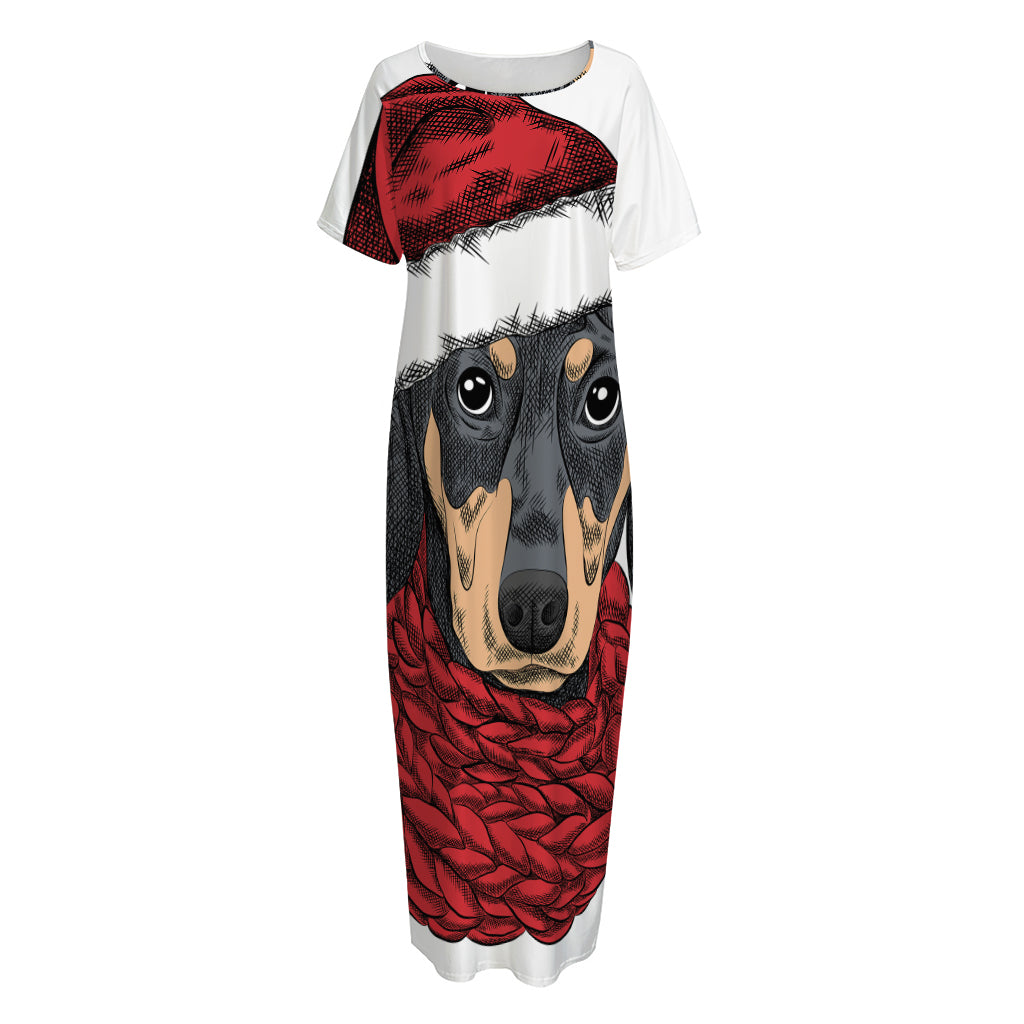 Christmas Santa Dachshund Print Short Sleeve Long Nightdress