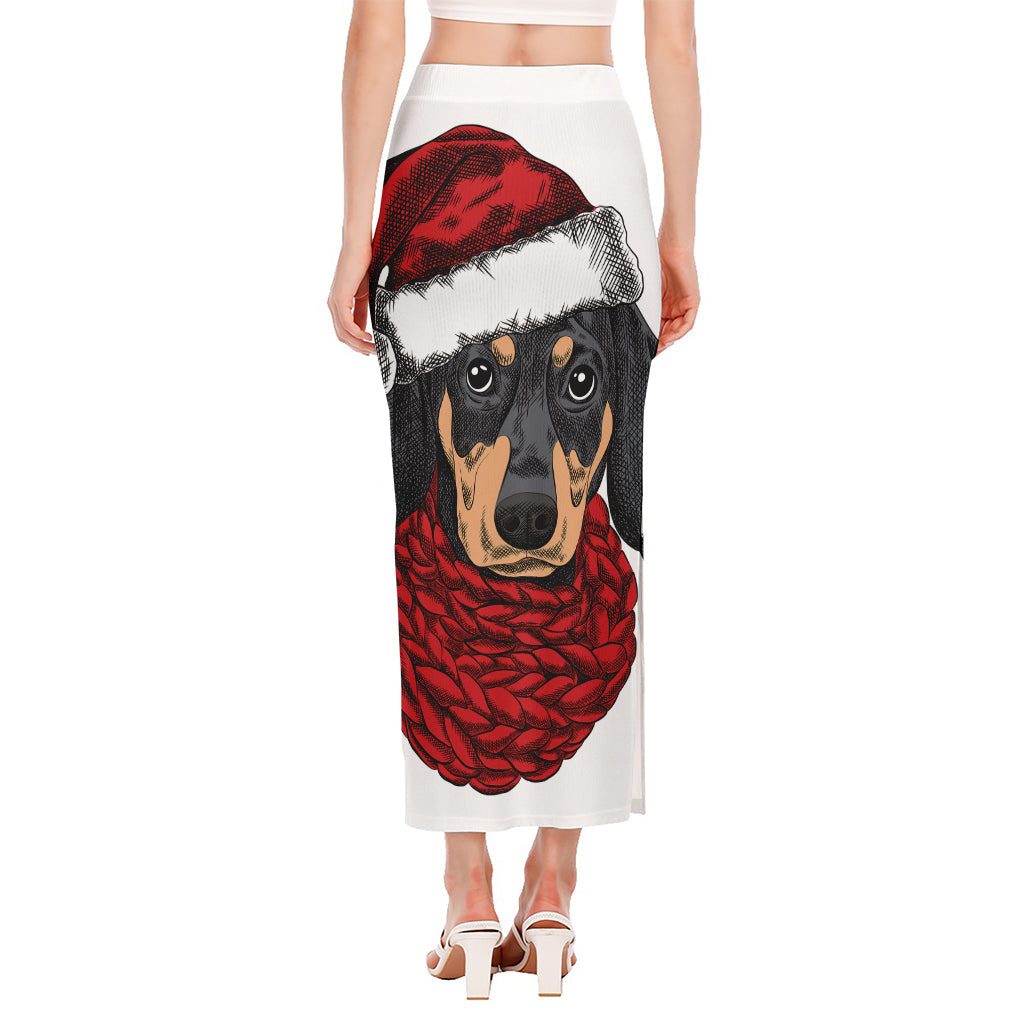 Christmas Santa Dachshund Print Side Slit Maxi Skirt