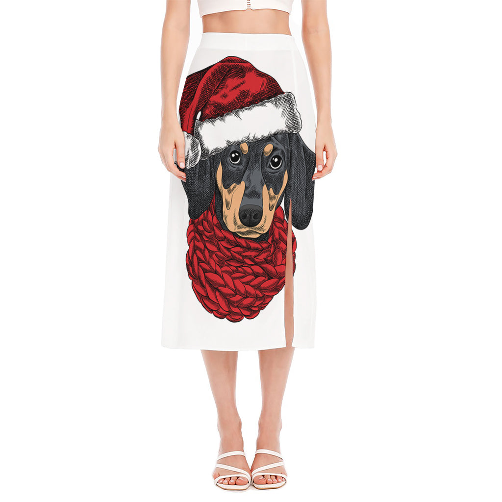 Christmas Santa Dachshund Print Side Slit Midi Skirt