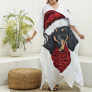 Christmas Santa Dachshund Print Silk V-Neck Kaftan Dress