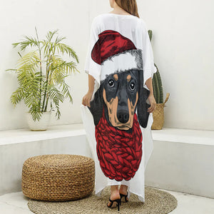 Christmas Santa Dachshund Print Silk V-Neck Kaftan Dress