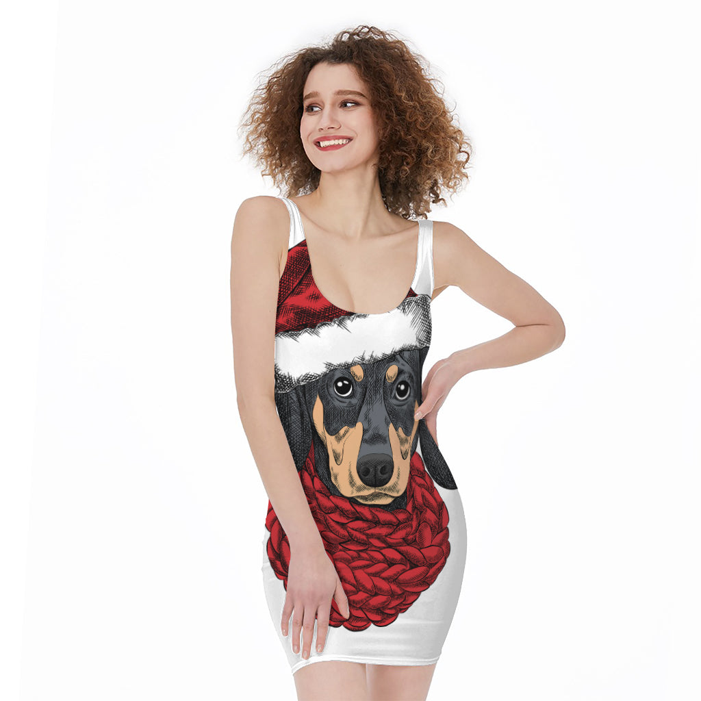 Christmas Santa Dachshund Print Sleeveless Bodycon Dress