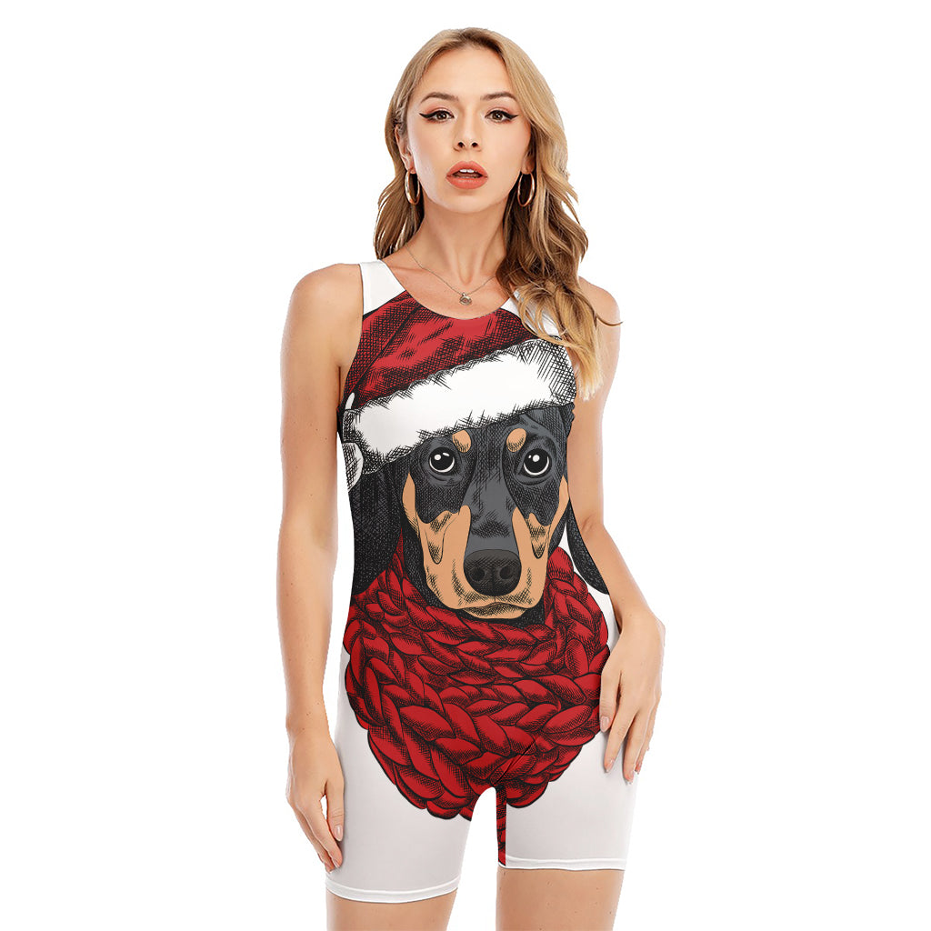 Christmas Santa Dachshund Print Sleeveless One Piece Swimsuit