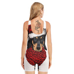 Christmas Santa Dachshund Print Sleeveless One Piece Swimsuit