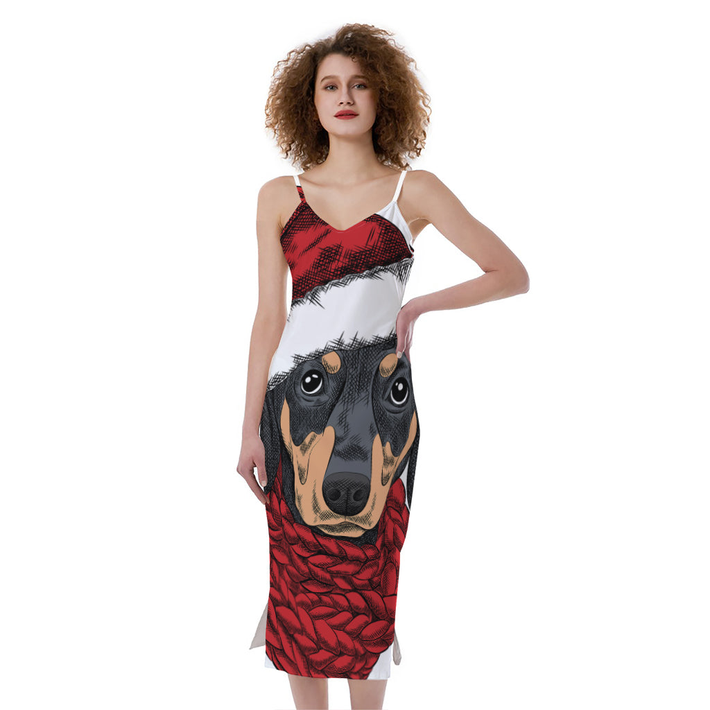 Christmas Santa Dachshund Print Slim Fit Midi Cami Dress