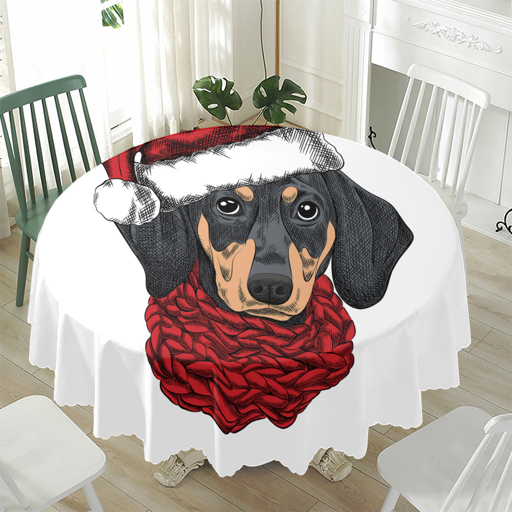 Christmas Santa Dachshund Print Waterproof Round Tablecloth