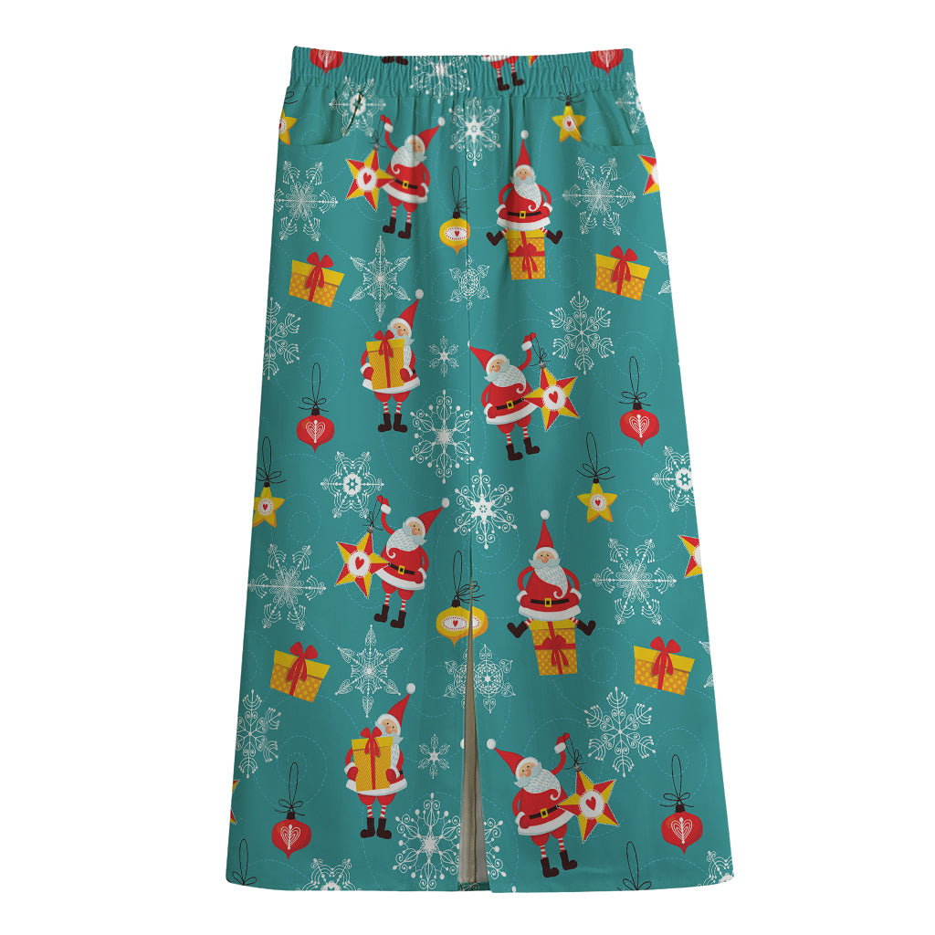 Christmas Santa Gift Pattern Print Cotton Front Slit Maxi Skirt