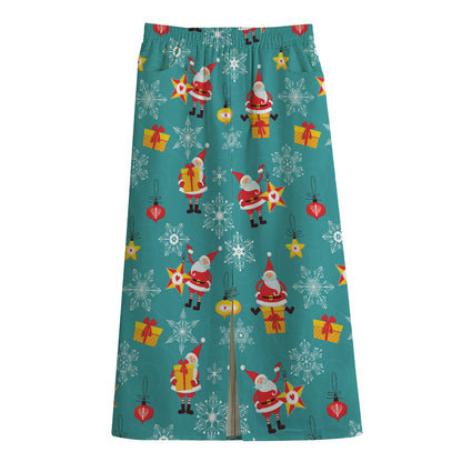 Christmas Santa Gift Pattern Print Cotton Front Slit Maxi Skirt