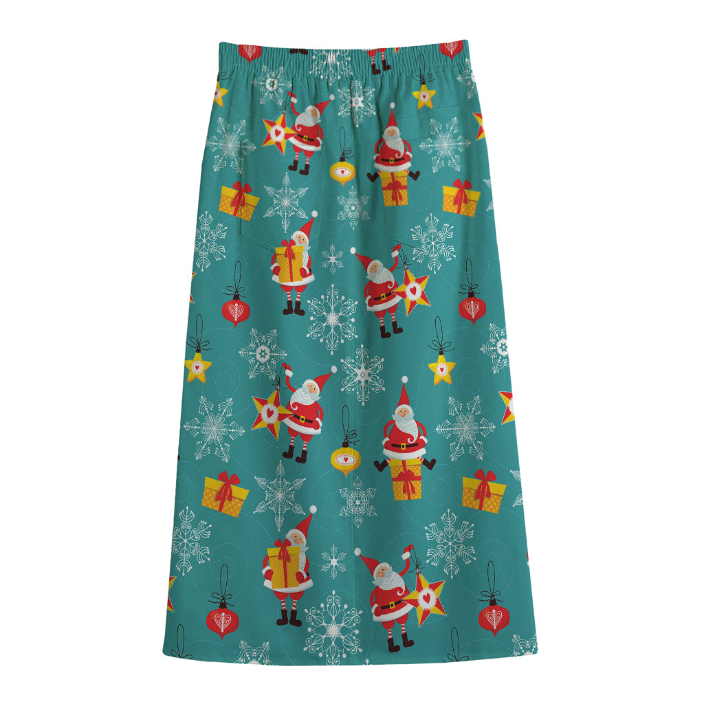 Christmas Santa Gift Pattern Print Cotton Front Slit Maxi Skirt