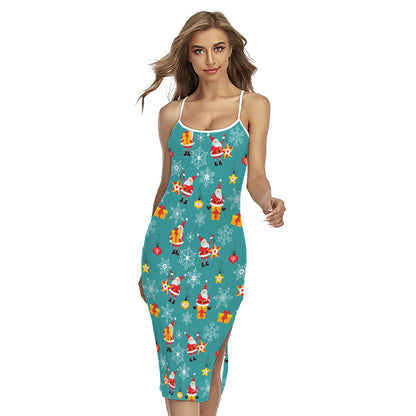 Christmas Santa Gift Pattern Print Cross Back Cami Dress