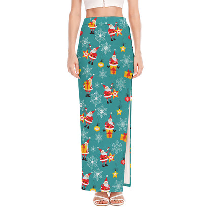 Christmas Santa Gift Pattern Print High Slit Maxi Skirt