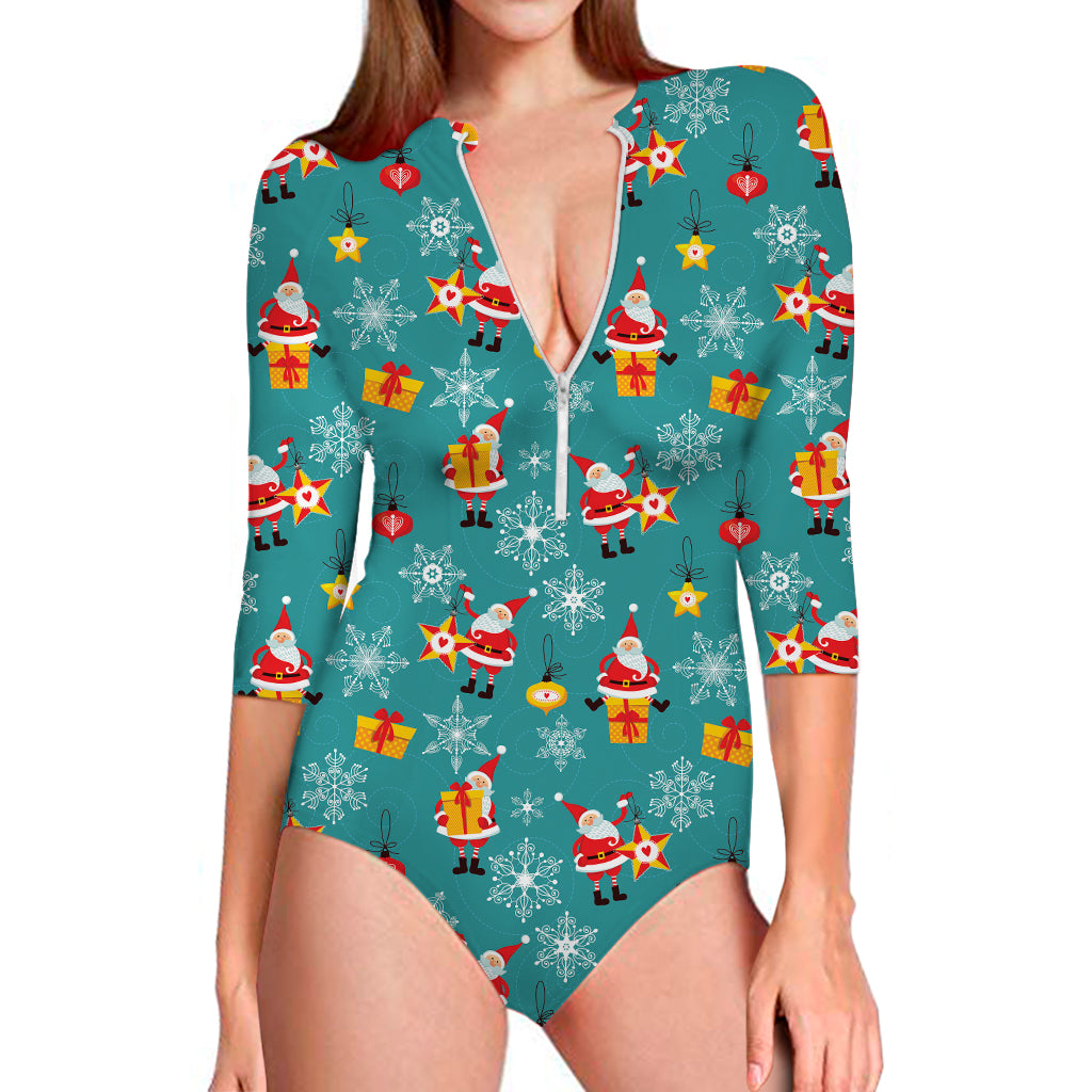 Christmas Santa Gift Pattern Print Long Sleeve Swimsuit