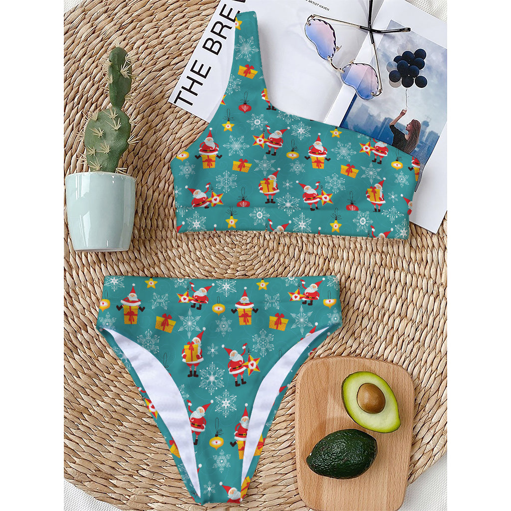 Christmas Santa Gift Pattern Print One Shoulder Bikini Top