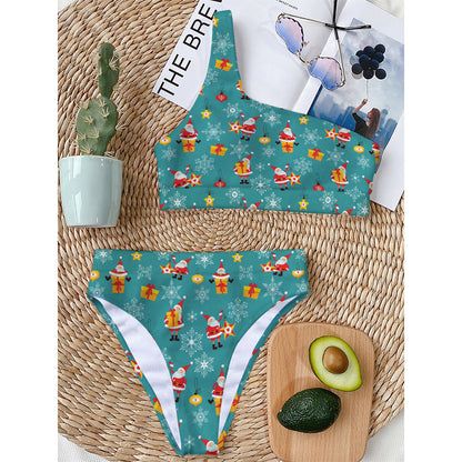 Christmas Santa Gift Pattern Print One Shoulder Bikini Top
