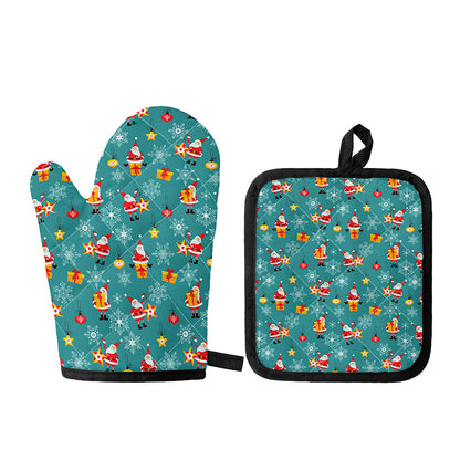 Christmas Santa Gift Pattern Print Oven Mitt And Pot Holder Set