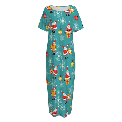 Christmas Santa Gift Pattern Print Short Sleeve Long Nightdress