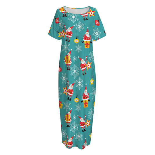 Christmas Santa Gift Pattern Print Short Sleeve Long Nightdress