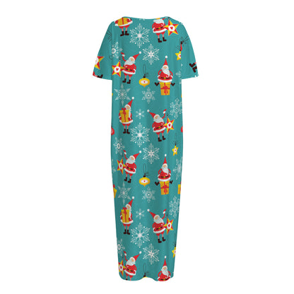 Christmas Santa Gift Pattern Print Short Sleeve Long Nightdress