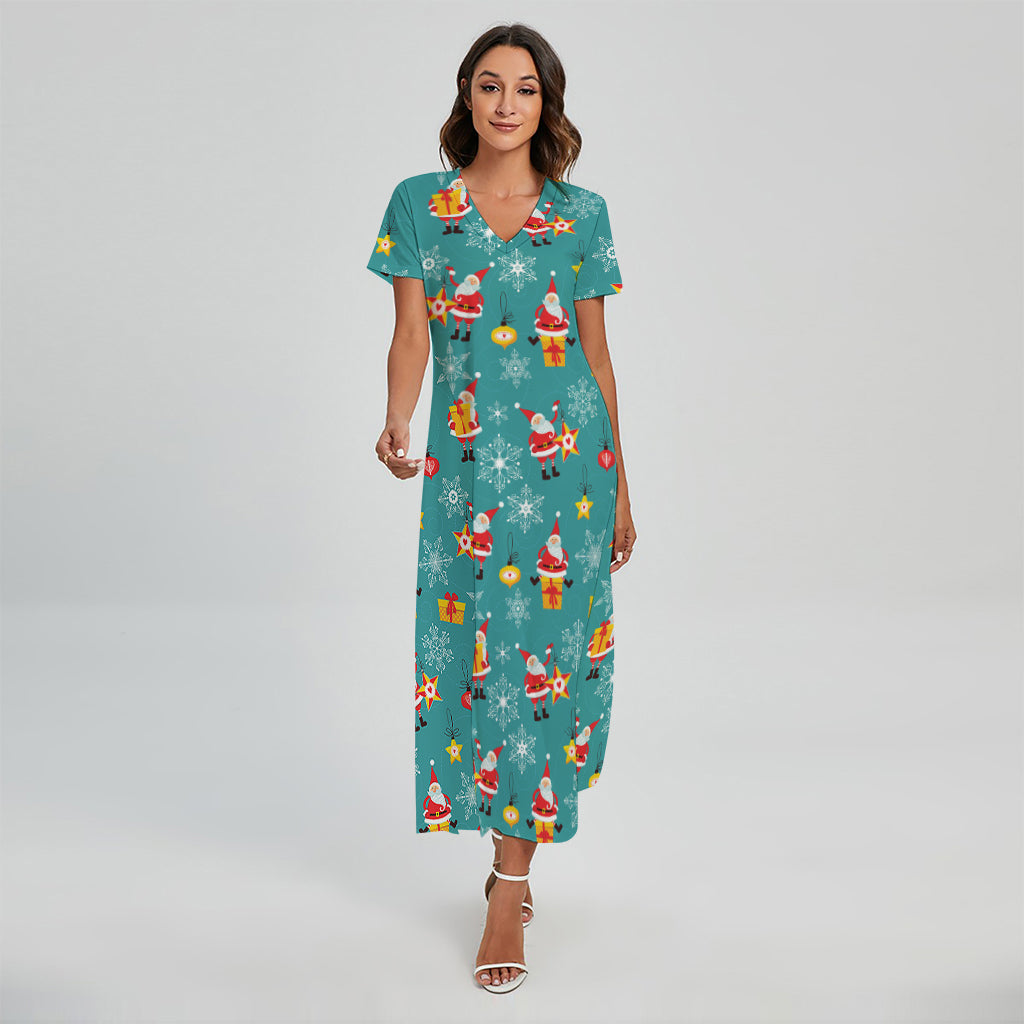 Christmas Santa Gift Pattern Print Short Sleeve Maxi Dress