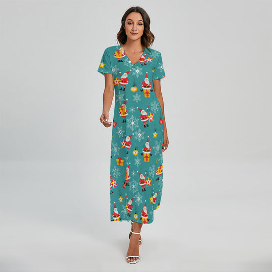 Christmas Santa Gift Pattern Print Short Sleeve Maxi Dress