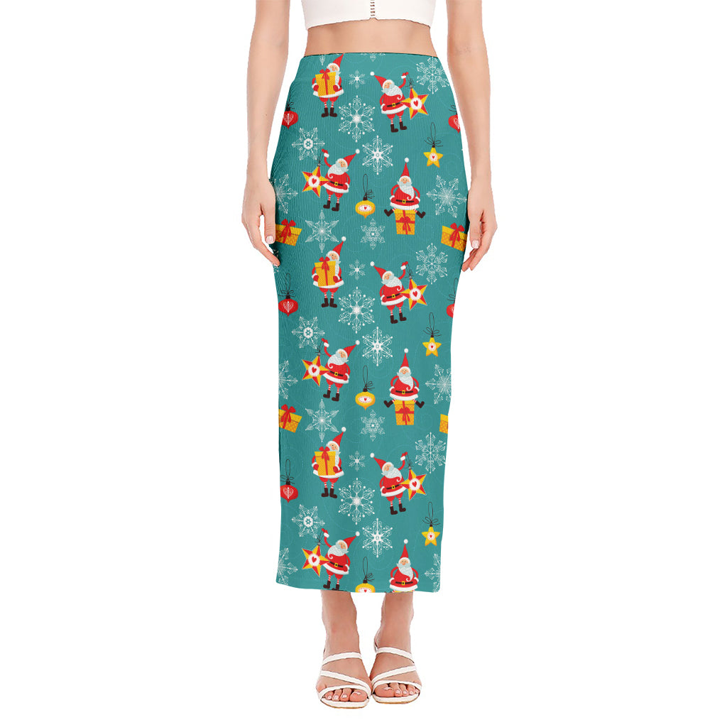 Christmas Santa Gift Pattern Print Side Slit Maxi Skirt