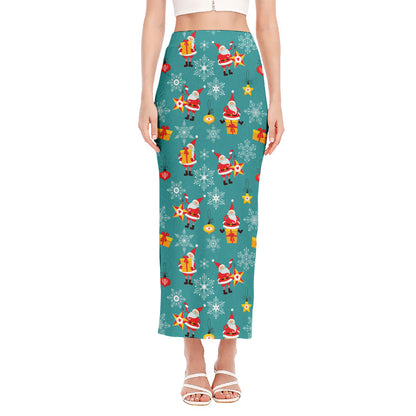 Christmas Santa Gift Pattern Print Side Slit Maxi Skirt