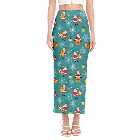 Christmas Santa Gift Pattern Print Side Slit Maxi Skirt