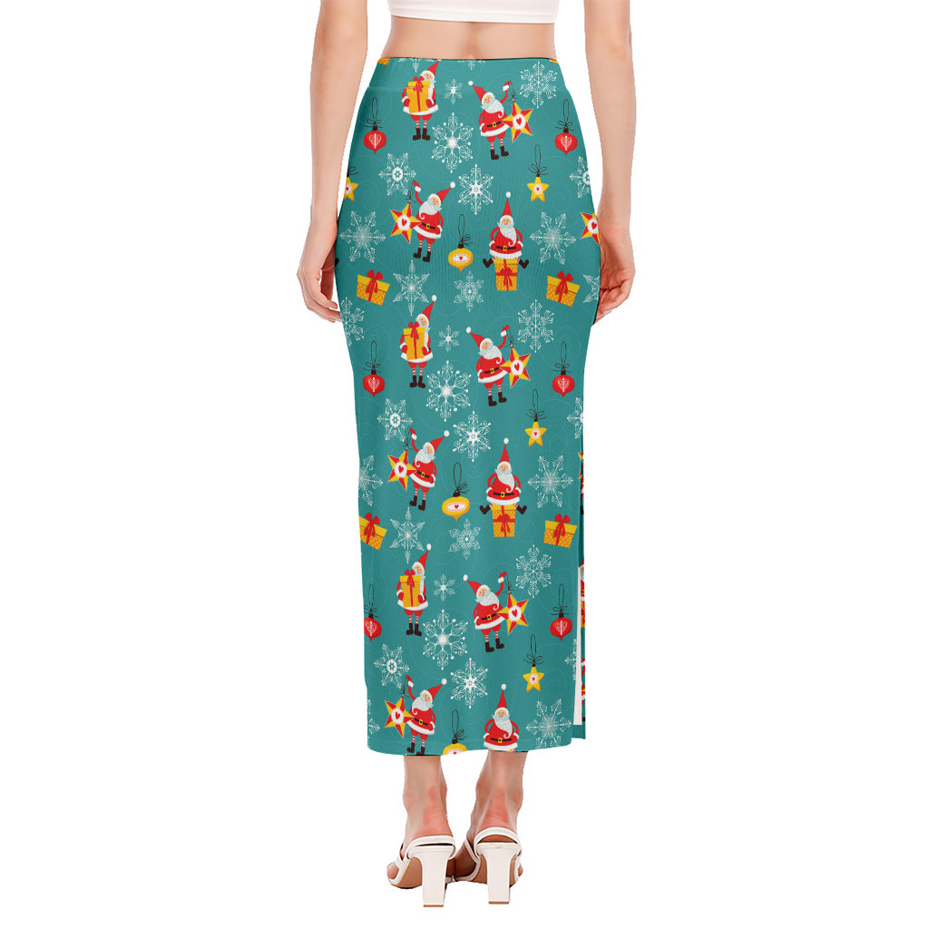 Christmas Santa Gift Pattern Print Side Slit Maxi Skirt