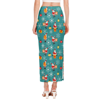 Christmas Santa Gift Pattern Print Side Slit Maxi Skirt