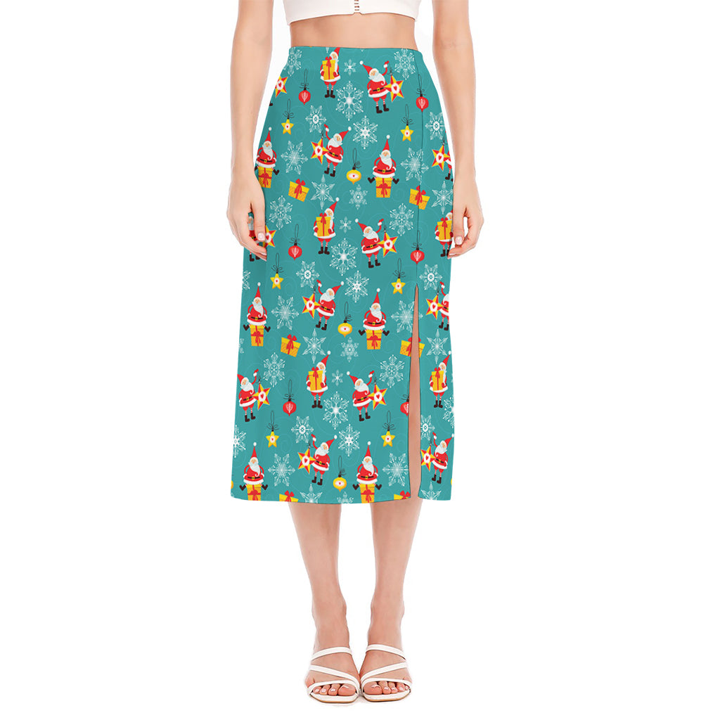 Christmas Santa Gift Pattern Print Side Slit Midi Skirt