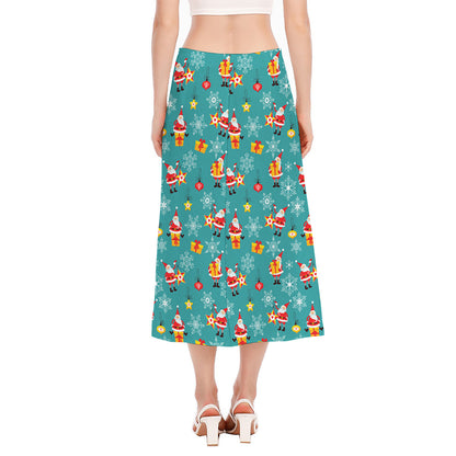 Christmas Santa Gift Pattern Print Side Slit Midi Skirt