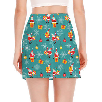 Christmas Santa Gift Pattern Print Side Slit Mini Skirt