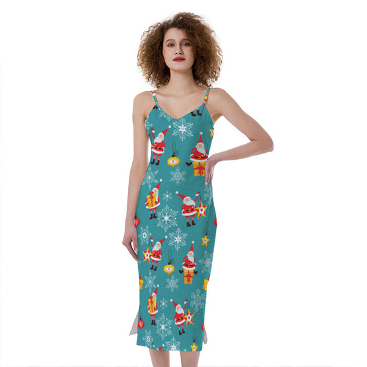 Christmas Santa Gift Pattern Print Slim Fit Midi Cami Dress