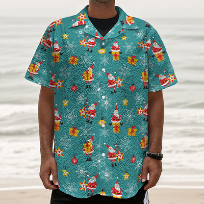 Christmas Santa Gift Pattern Print Textured Short Sleeve Shirt