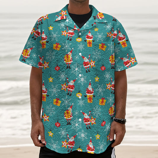 Christmas Santa Gift Pattern Print Textured Short Sleeve Shirt