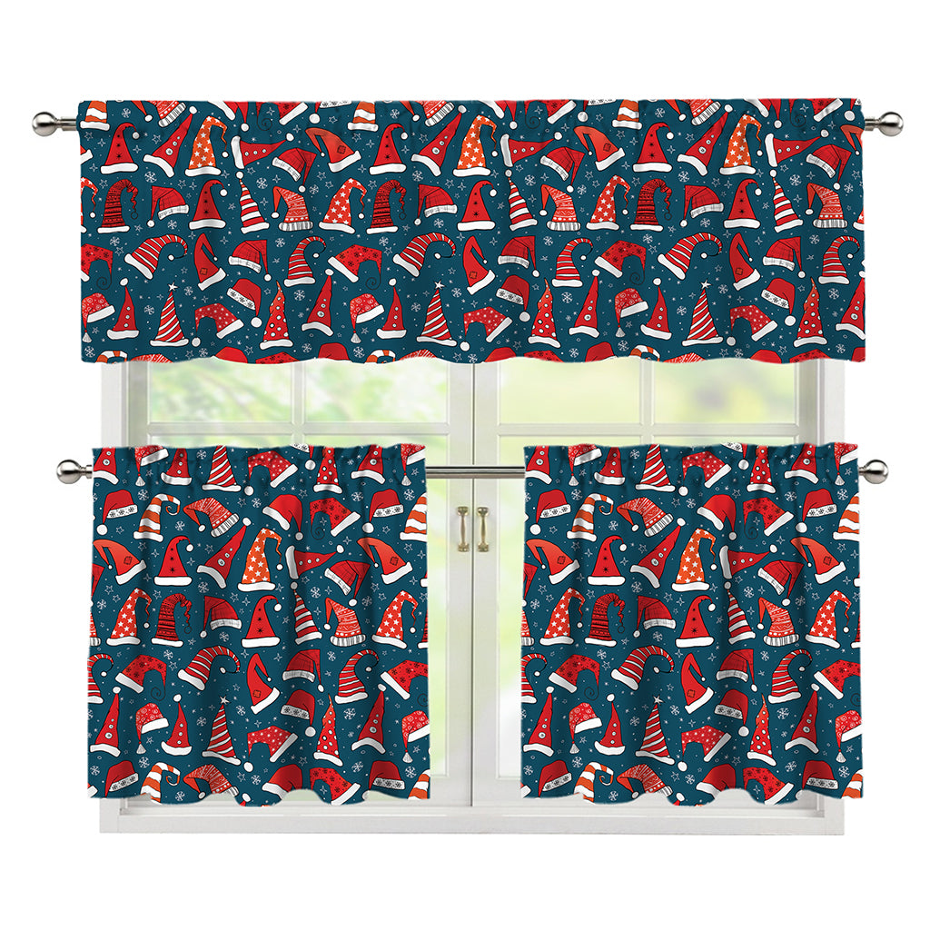 Christmas Santa Hats Pattern Print 3 Piece Kitchen Curtains