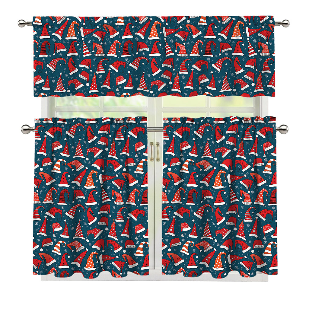 Christmas Santa Hats Pattern Print 3 Piece Kitchen Curtains