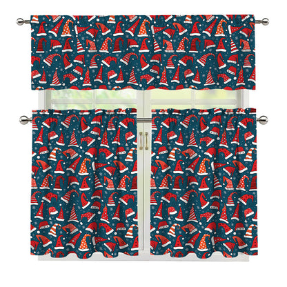 Christmas Santa Hats Pattern Print 3 Piece Kitchen Curtains