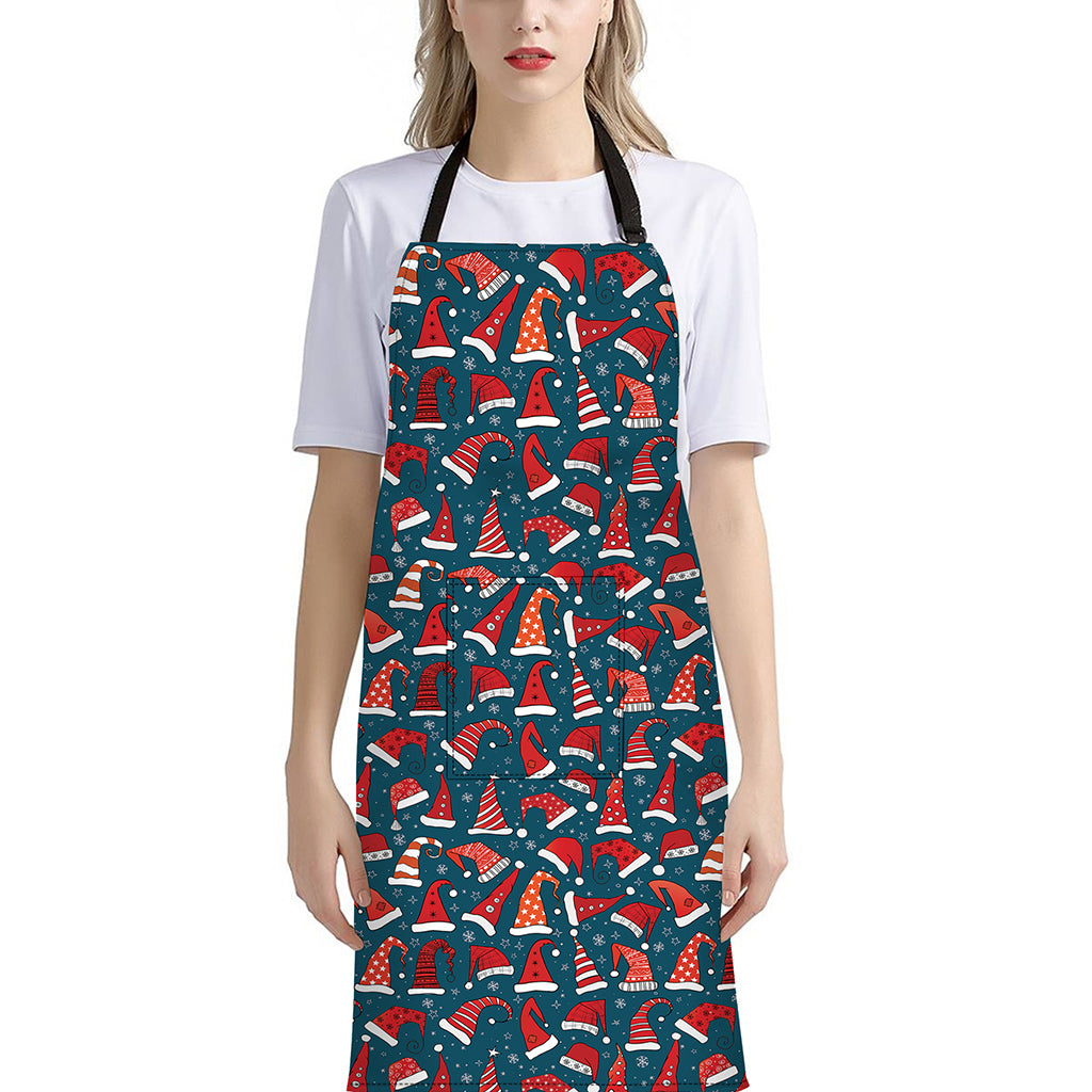 Christmas Santa Hats Pattern Print Bib Apron With Pocket