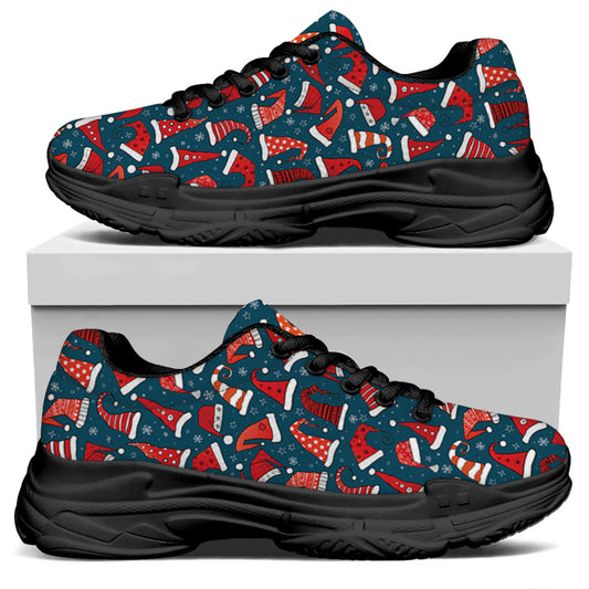Christmas Santa Hats Pattern Print Black Chunky Shoes