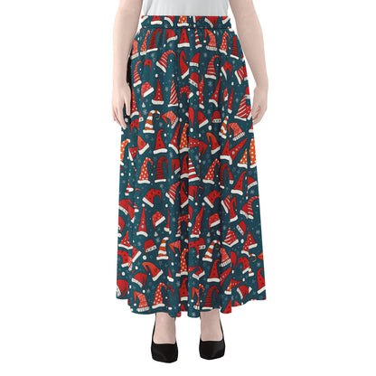 Christmas Santa Hats Pattern Print Chiffon Maxi Skirt