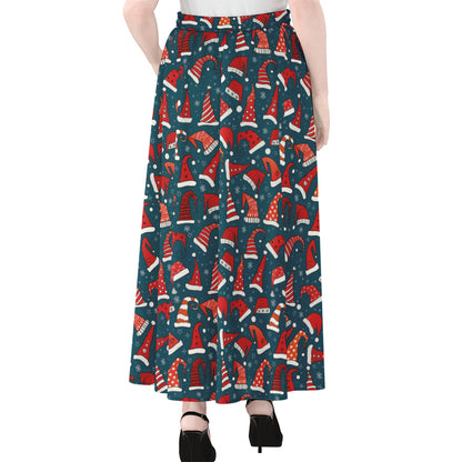 Christmas Santa Hats Pattern Print Chiffon Maxi Skirt