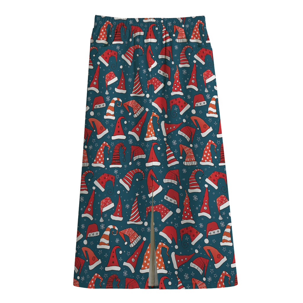 Christmas Santa Hats Pattern Print Cotton Front Slit Maxi Skirt